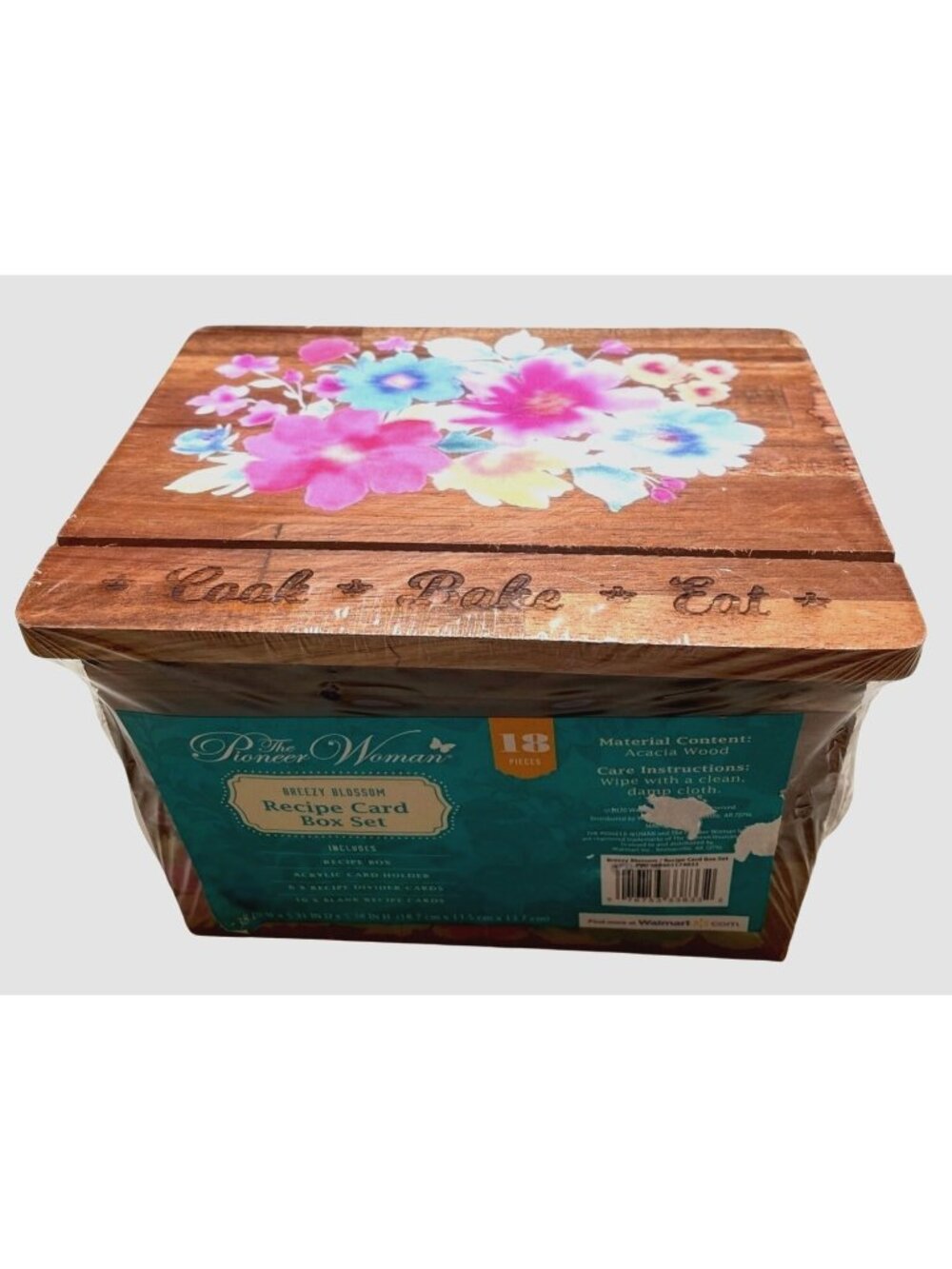 The Pioneer Woman Breezy Blossom Acacia Wood Recipe Card Box Set With Divider Ca